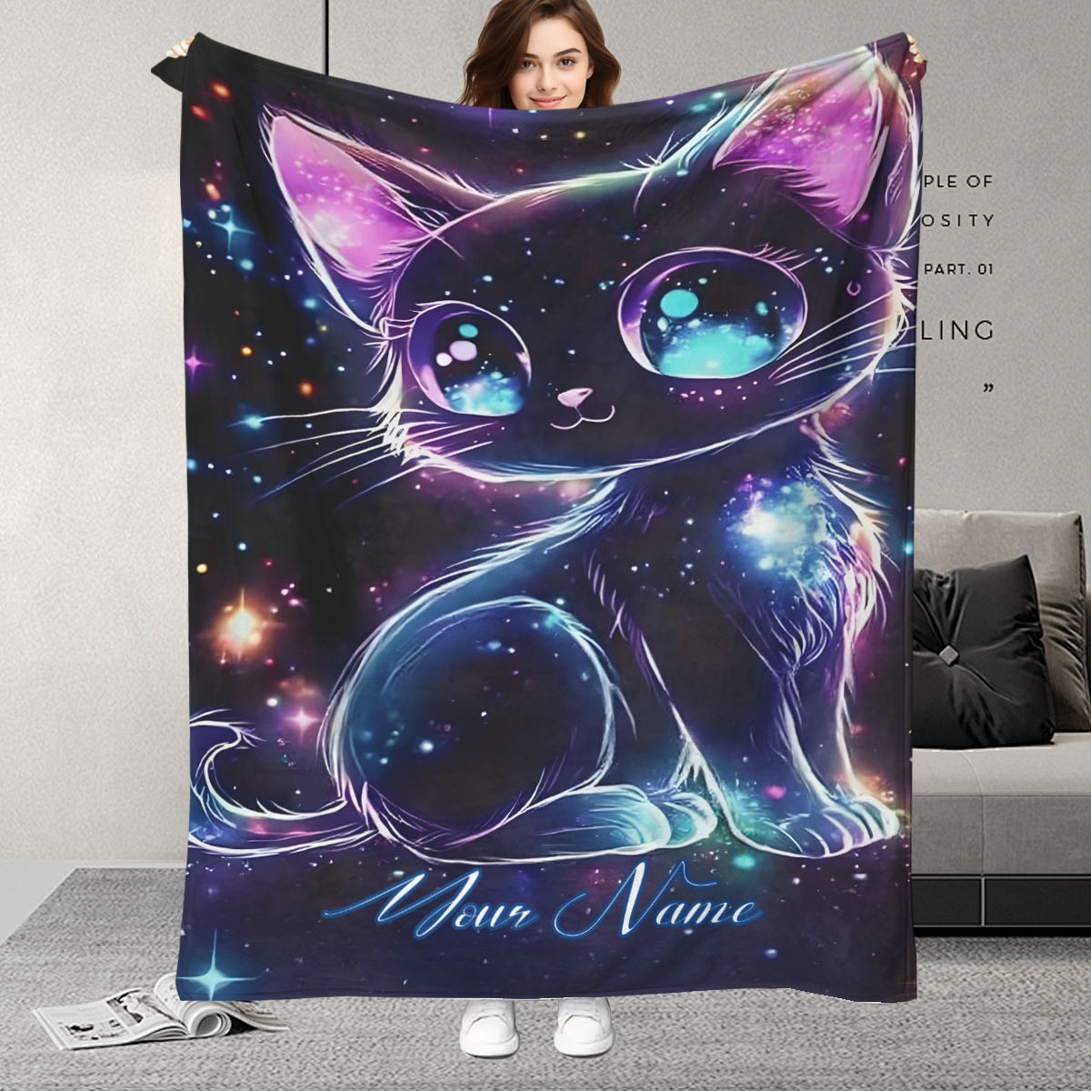 Galaxy Home Textiles - بطانية بنمط قطة الفضاء قابلة للتخصيص