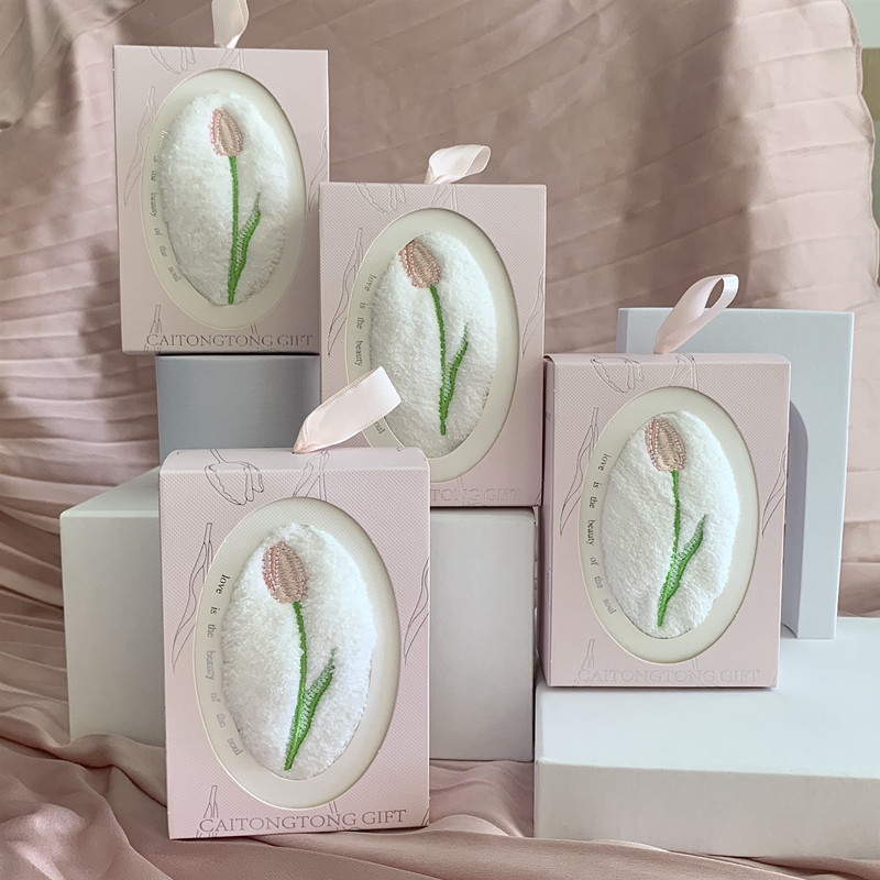 Home Textiles Towel Set - منشفة يد مطرزة بزهرة التوليب، مربعة